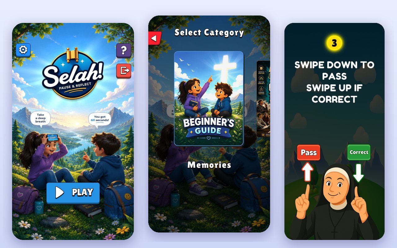Selah title screen, deck selection and swipe instructions