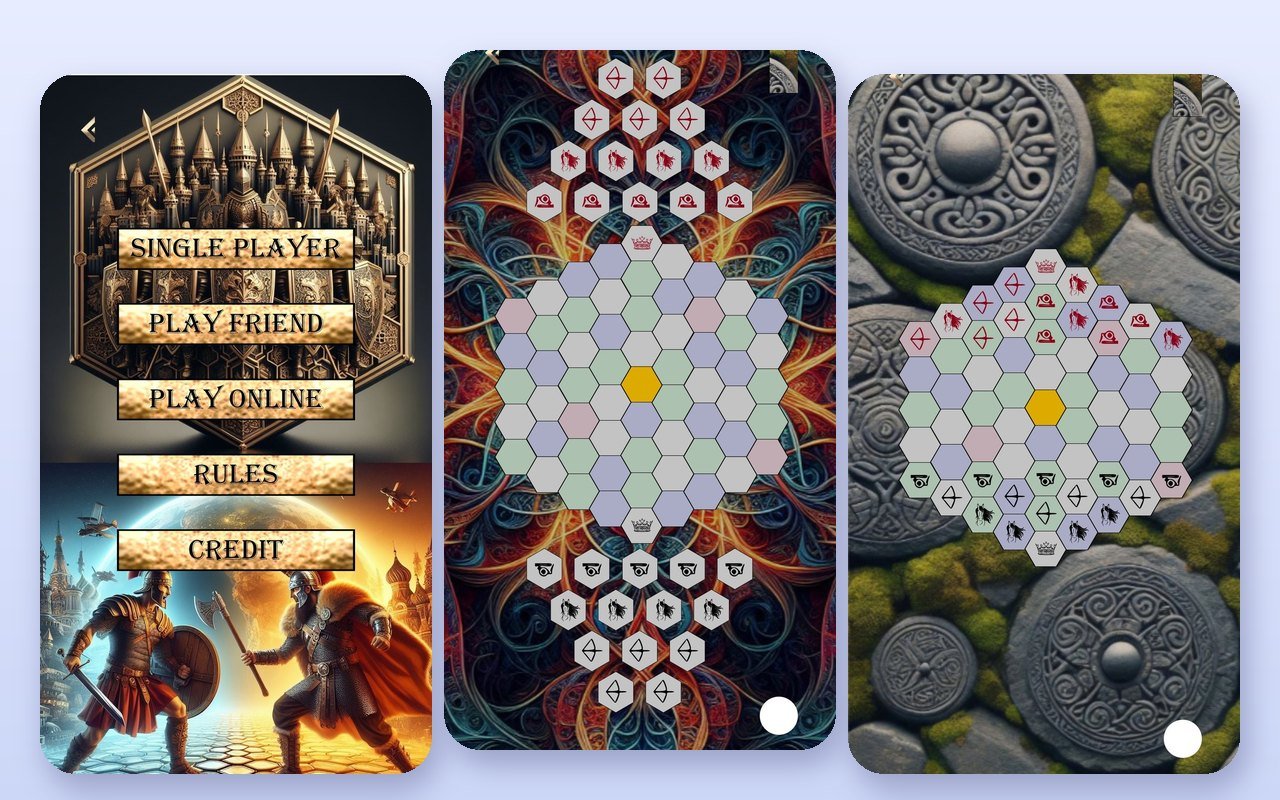 Skorm main menu and two hex battle boards